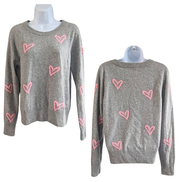 WHITE + WARREN 100% Cashmere Graffiti Heart Intarsia Gray Pullover Sweater Size - Picture 6 of 8